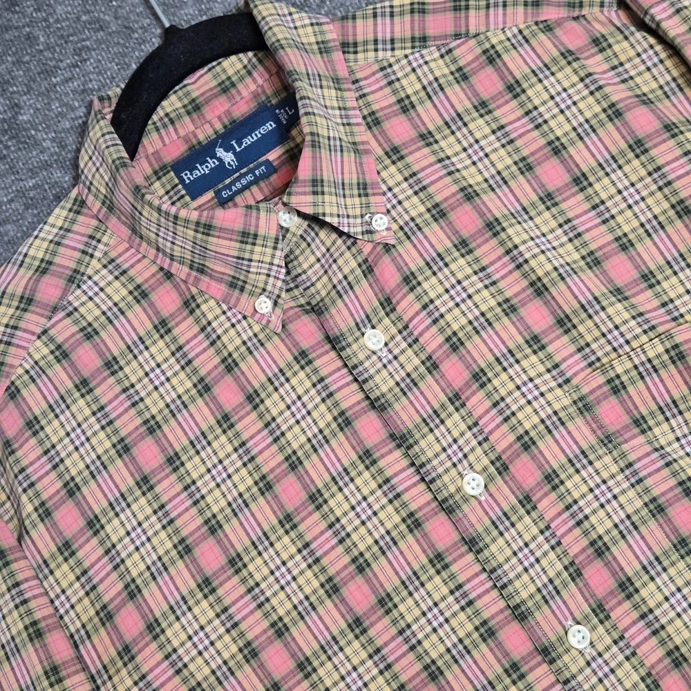 Ralph Lauren Shirt Men's Pink‎ / Green Plaid Button Up Long Sleeve Classic Fit L
